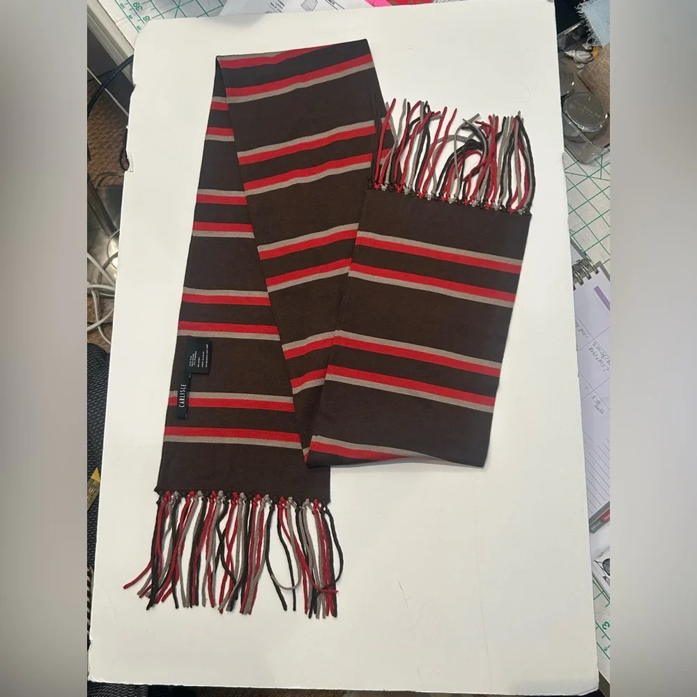 Carlisle Scarf, Brown, Red, Silver Stripes NWOT - Picture 3 of 6